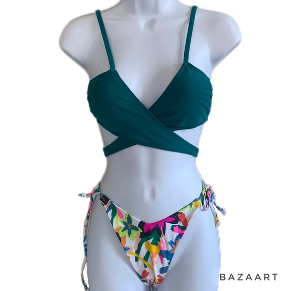 Xhilaration Teal Wrap Bikini Top & Xhilaration Multicolor Floral Bikini Bottom - Picture 4 of 10